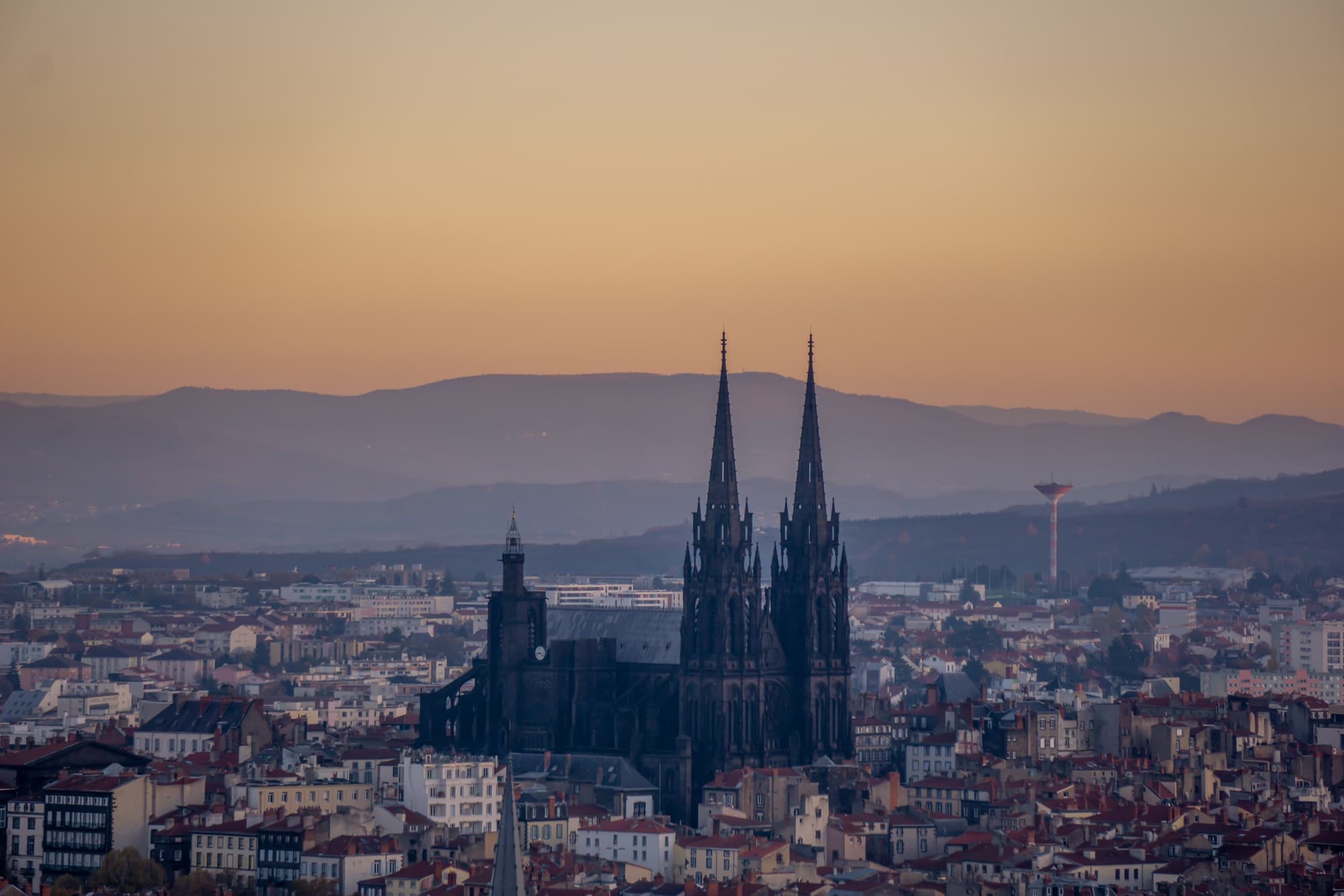Clermont-Ferrand at dusk, cathedral in volcanic stone